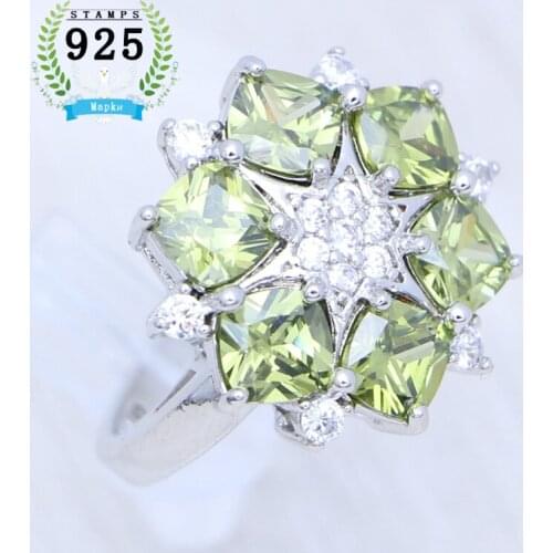 Womans Ring 925 Sterling Silver Olive Green Cubic Zirconia Crystal Flower Ring Size 5.5 To 10 Shiny Topaz Ring