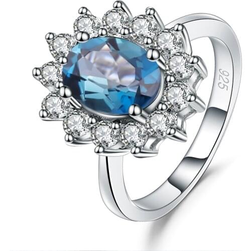 GEMS BALLET 1.57Ct Oval Flower Natural London Blue Topaz Ring Real 925 Sterling Silver Wedding Rings for Women Classic Jewelry