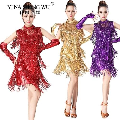 Adult Women Latin Dance Sequins Dress For Woman Sleeveless Sequins Fringe Dance National Standard Competition Practice Costumes