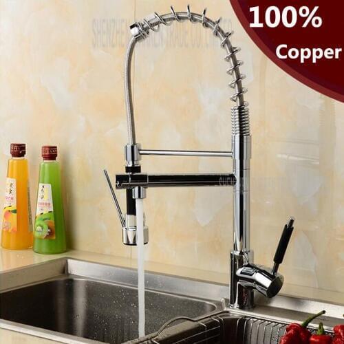 1 pc Chrome Finish Dual Spout Kitchen Sink Faucet Deck Mount Spring Kitchen Mixer Tap Kitchen Hot and Cold Water tap