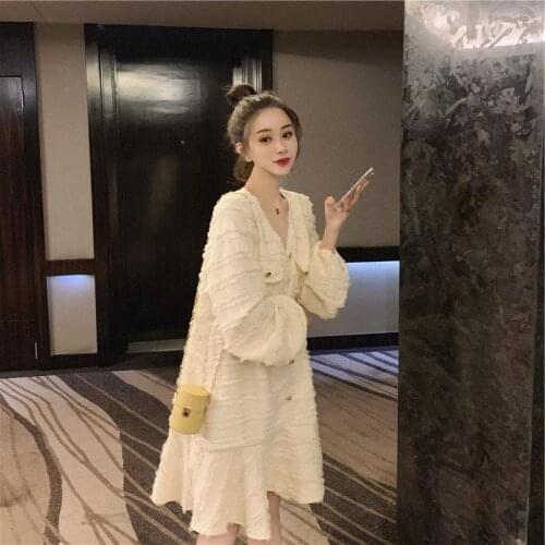 2021 New Elegant Dress Women Autum Winter Vintage V-Neck Long Sleeve Plus Size Dress First Love Korean Style Ruffles Vestidos