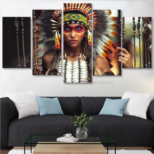 HD printed 5 piece canvas art tribe warrior girl feather painting wall pictures modern home decor frame