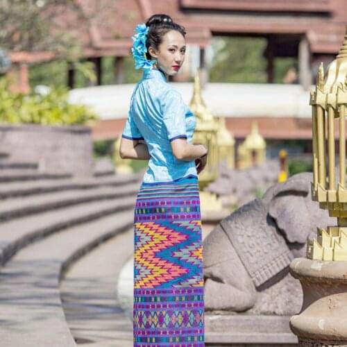 Asian Summer stand collar short sleeve Jacket + skirt Dai Ethnic Princess Hotel work dress Thailand womens Festival Clothing