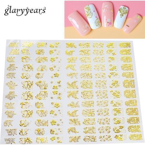 Glaryyears 2 Pieces/set Flash Metallic Gold Full Cover Nail Sticker Flower Lace 3D Nail Art Sticker Decoration Manicures AD100