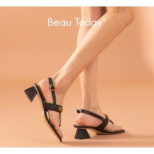 BeauToday High Heel Sandals Women Cow Leather Flip Flops Square Toe Metal Chain T-Strap Ladies Spike Heels Pump Shoes 31192