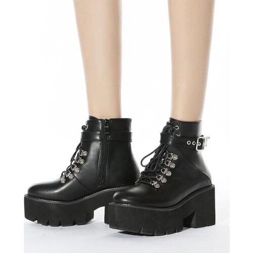 Black Platform Boots Women Boots Winter Leathe Boots Lace Up Ankle Boots Motorcycle Thick Heel Platform High Heels Large size