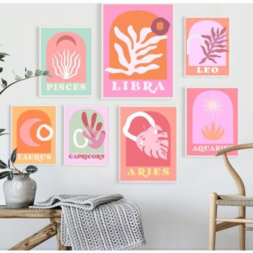 Cancer Leo Zodiac Star Sign Leaf Boho Retro Posters And Prints Wall Art Canvas Painting Wall Pictures For Living Room Decor