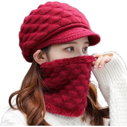 Women Winter 2 Piece Set Visor Brim Chunky Knit Beanie Hat with Circle Scarf Thicken Plush Lining Skullies Baseball Cap Ski H9ED