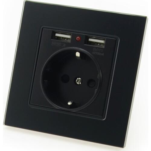 Minitiger Black Luxury Glass Panel Wall Power Socket 16A EU Electrical Outlet With 2.1 A Dual USB Socket Charger Port for Mobile