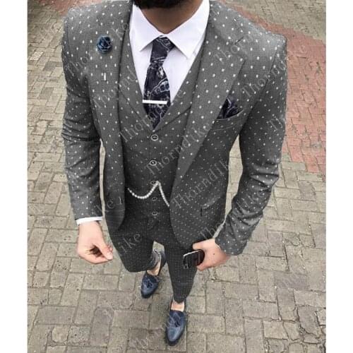 Italian Men Tailcoat Gray Polka Dots Wedding Suits For Men Groomsmen Suits 3 Pieces Peaked Lapel Groom Wedding Dress Men Suits