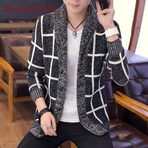 Plaid Cardigan Men Sweater Knit Warm Hooded Cardigan Men Sweater Man Thick Mens Hooded Cardigan Sweater 2018 Winter
