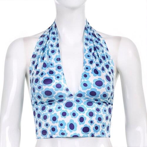 Y2k Crop Top Women Flower Print Halter Sexy Club Deep V Neck Vest Clothes Chic T Shirts Female Bohemian Beach Tank Tops Vestidos