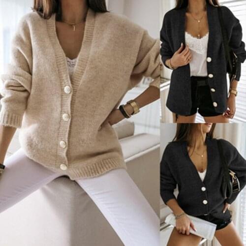 Fashion Women Long Sleeve V Neck Cardugan Autumn Loose Knitted Top Ladies Solid Loose Single Breasted Knitwear Outerwear