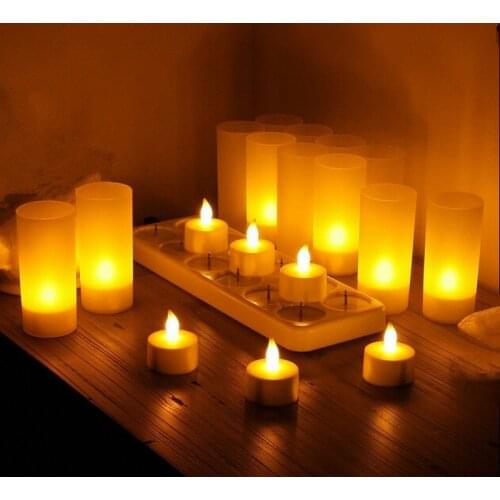 Set of 12 LED Rechargeable Flameless TeaLight Candle set electric votives waxless safe Birthday Wedding Church Home decor-AMBER