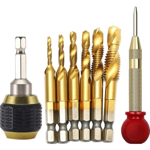 GTBL 8 Pcs Titanium Combination Drill Tap Bit Set Spiral Tap Drill Bit Set with Automatic Punch Tool and Extension Rod 60mm