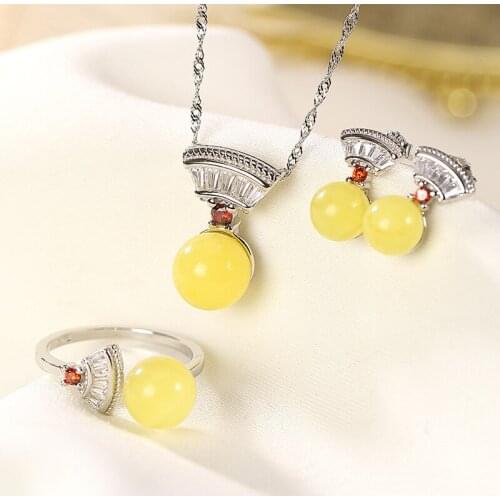 Natural 925 sterling silver sector inlaid round beads amber temperament pendant ring earring ear studs sets jewelry