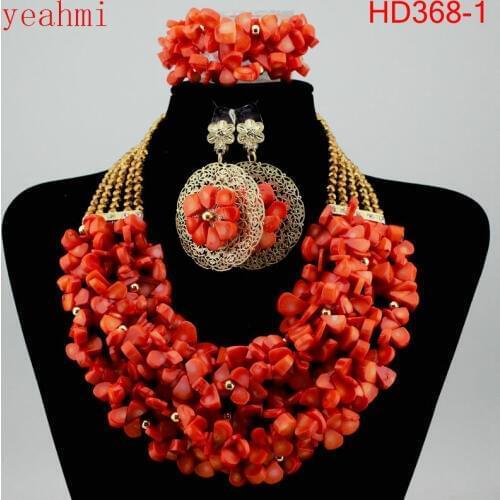 2019 New African Red Coral Beads Jewelry Set for Women Jewelry Set Wedding Bridal Necklace Set Free Shipping HD368-1