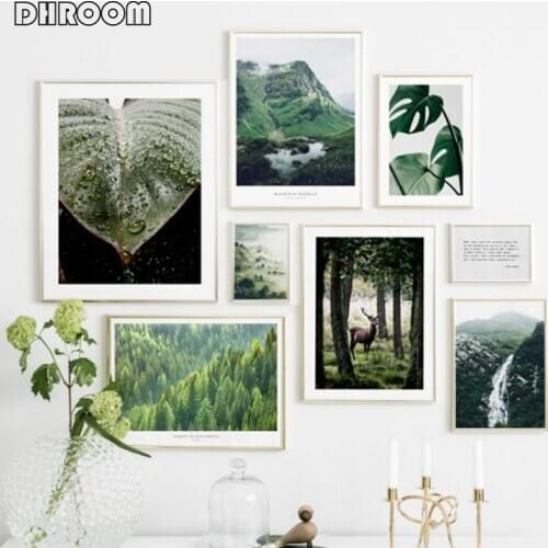 Nature Green Wall Painting Mountain Canvas Painting Monstera Leaves Canvas Art Deer Poster Print Landscape Decoration Picture