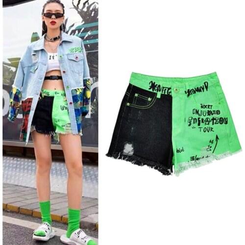 Ripped Hole BF Streetwear Ladies Spliced Denim Shorts Jeans Denim Shorts Summer Casual Chic Graffit Shorts Denim Women SY043