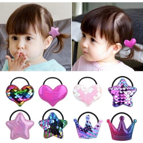 2Pcs/lot Rainbow Sequins Elastic Hair Bands For Cute Girls Crown Star Heart Hair Tie Ropes Ponytail Holder Kids Hair Accessories