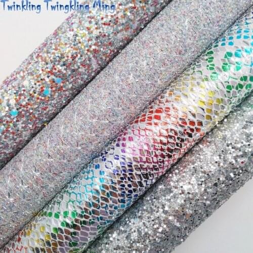 Silver Glitter leather, Metallic Snake Fabric, MeshGlitter Faux Fabric Sheet For Bow 21x29CM Twinkling Ming KM323