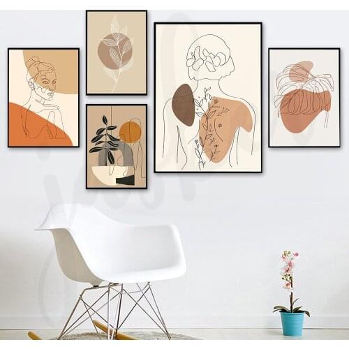 Modern Minimalist Wall Art Canvas Boho Geometry Painting Abstract Warm Color Line Art Poster Wall Picture for Living Room Decor