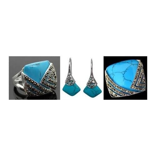 Vintage Blue Turquoise 925 Sterling Silver Marcasite Ring (#7-10) pendant and earrings sets