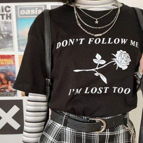 Vintage rose don't follow me letter summer tops girls casual loose tees streetwear Harajuku Ulzzang Gothic chic female T-shirt