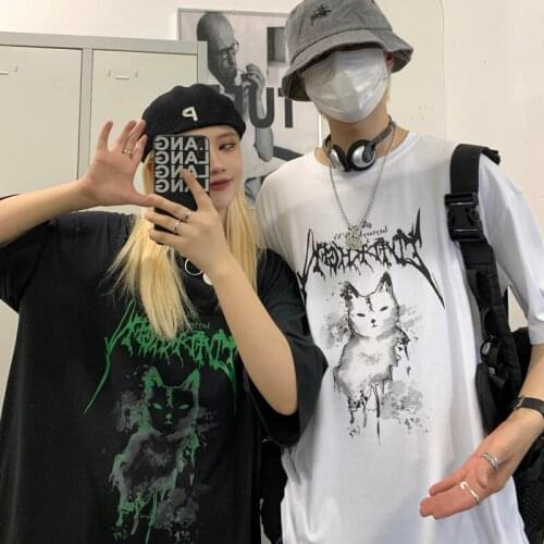 Japanese Horror Animet-Shirt Cartoon Cat Graffiti Clothes Unisex Grunge Harajuku Ulzzang Tee Gothic Couple t-Shirt Women y2k Top