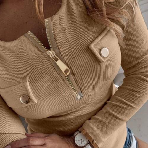 Women T shirt Female Soild Low-Cut Zippers Long Sleeve Knit t Shirt Slim Sexy Buttons Casual Knitting Tee Plus Size Women Tops