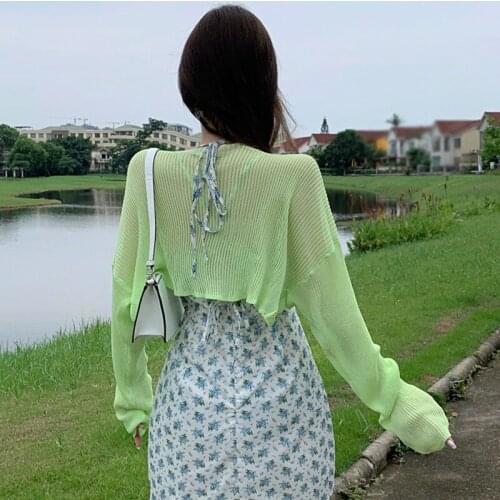 Women Korean Style Full Sleeve Shawl Blouse Cardigan Sweater Leisure Fashion Summer Knitted Jacket Slim Short Cropped