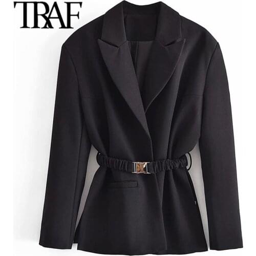 ZHENBAILI Za 2021 Tra Women Casual Blazers Autumn Fashion Notched Collar Buckle Elastic Belted Female Suit Black Jacket