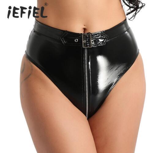 Women Black Lingerie Sexy Panties Wet Look PVC High Cut Front Zippered with Belt Briefs Underwear Underpants for Ladies Clubwear