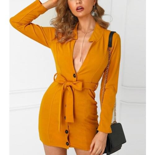 Women Dress Bodycon Dress Stylish Solid Color Deep V Neck Women Long Sleeve Buttons Long Sleeve Buttons Belt Dress Streetwear