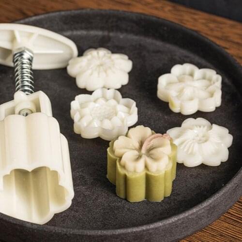 50g Mooncake Mould 4pcs Hibiscus Cherry Stamps Hand Press Moon Cake Pastry Mould DIY Bakeware Mid-autumn Festival