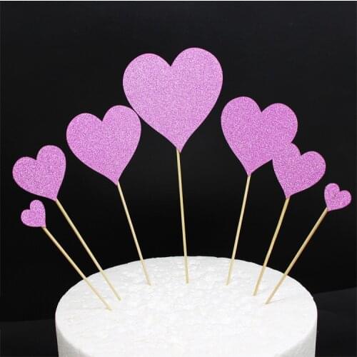 7pcs Colorful Shiny Heart Cake Toppers Kids Happy Birthday Gold Cupcake Topper Wedding Valentines Day Party Baby Shower Decor