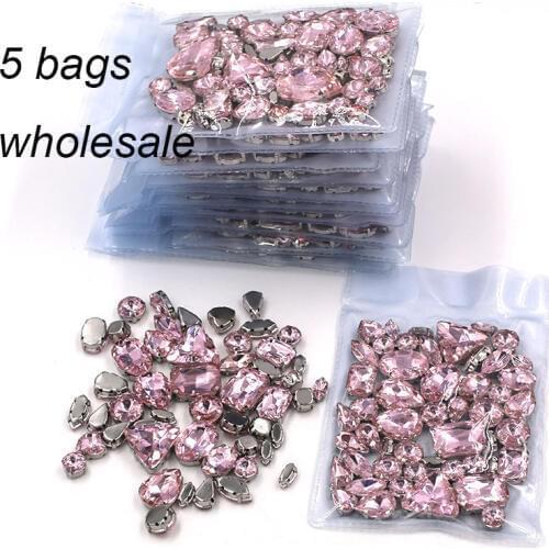 Free shipping Wholesale 5 bags mixed shape glass crystal sliver base Pink rhinestones diy wedding dress
