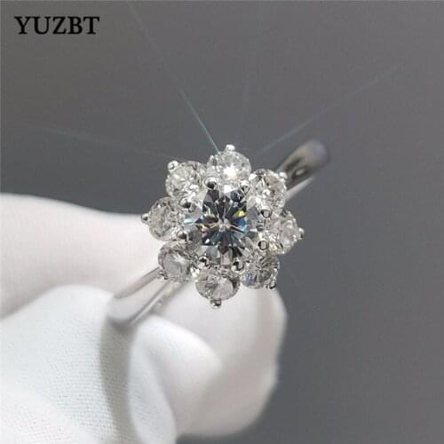 Women 18K White Gold Excellent Cut 1 Carat 6.5mm Gemstone Diamond Test Past D Color Moissanite Sunflower Rings Wedding Jewelry