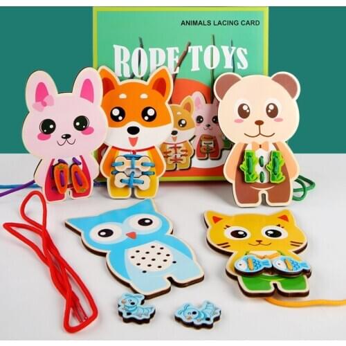 Children Rope Game Toys Kindergarten Early Education Montessori Teaching Aids Building Blocks Creative Animal Threading Board