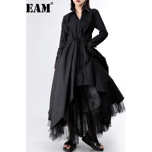 [EAM] 2021 New Spring Autumn Lapel Long Sleeve Button Bandage Stitch Pleated Irregular Shirt Dress Women Fashion Tide JY778