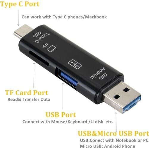 INIOICZMT Type C&Micro USB & USB 3 In 1 OTG Card Reader High-speed Universal OTG TF/USB for Android Computer Extension Headers