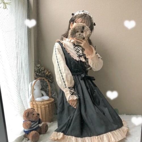 Kawaii Lolita Gothic Dress Long Sleeve Girl Patchwork Maid Costume Adult’s Womens Preppy School Girl Clothes Japanese Style Club