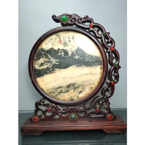 14"Chinese Folk Collection Old Redwood mosaic Natural stone painting High mountains marble change screen Office Ornaments