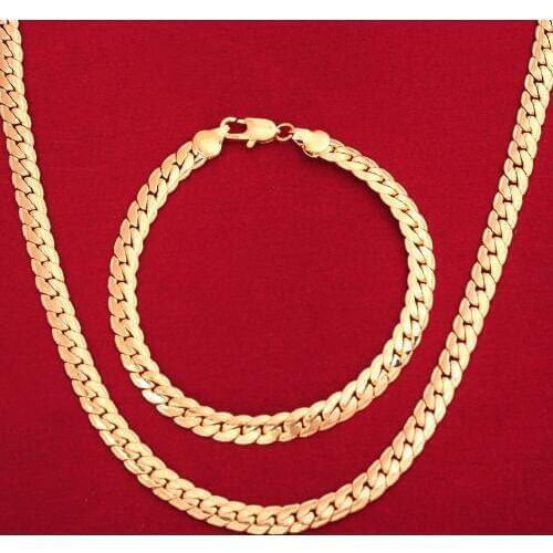 Classic Necklace Set For Men Trendy Wholesale Yellow Gold Color Snake Chain Necklace Bracelet African Jewelry Set