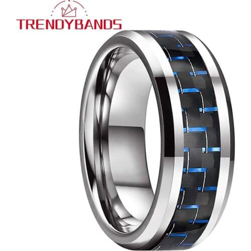 Blue Black Carbon Fiber Inlay Tungsten Carbide Rings Wedding Band For Men Women Beveled Edges Polished Shiny Comfort Fit
