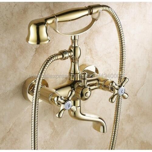 Gold Color Brass Bathroom Tub Faucet W/Hand Shower Sprayer Clawfoot Mixer Tap Wall Mounted Ktf081