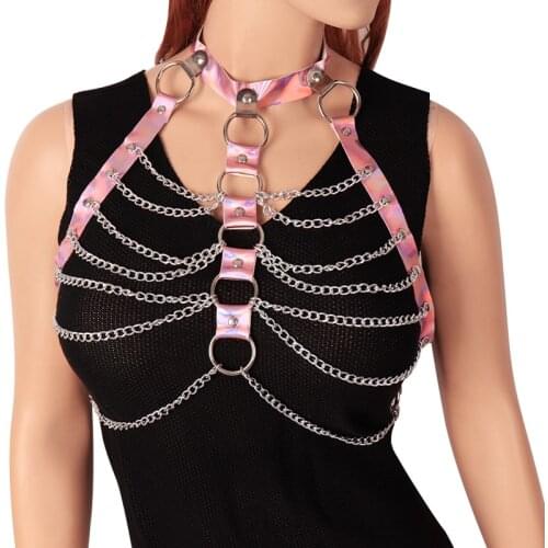 Laser Leather Lingerie Women Neck Harness Collar Chest Bondage Chain Cage Bra Suspender Crop Female Fetish Bdsm Erotic Clothes