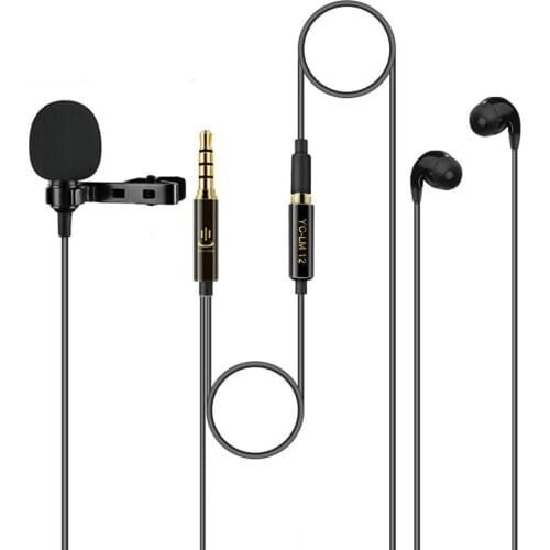 Microphone YC-LM12 Clip-on Lavalier Mini Audio Collar Condenser Lapel Mic for Recording Live with Earphones Carrying Bag