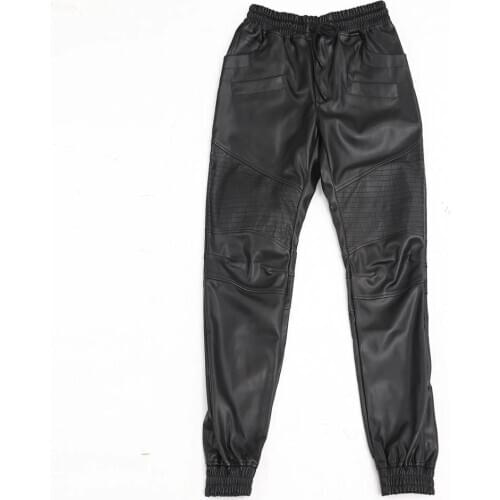 Leather Mens Pencil Pants 2020 Autumn New Fashion Streetwear Elastic Waist Fleece Lining Trouser Slim Black Pantalon Man