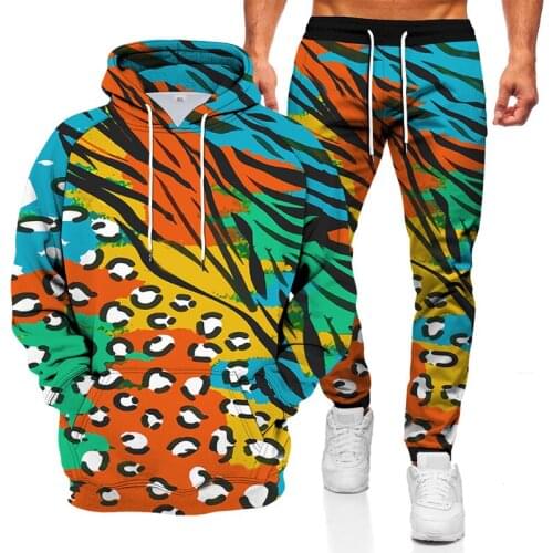 Leopard print autumn and winter 3D printing mens hooded sweater suit mens sportswear long-sleeved mens clothing suit